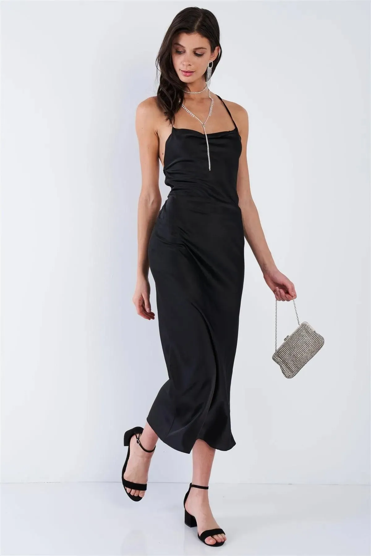 Black Satin Criss Cross Open Back Classic Midi Dress  /3-2-1