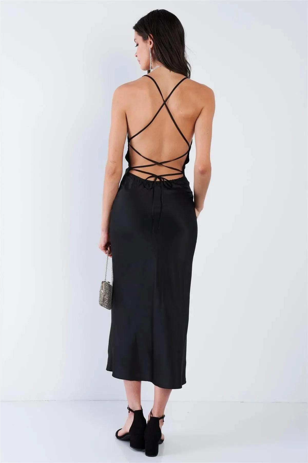 Black Satin Criss Cross Open Back Classic Midi Dress  /3-2-1