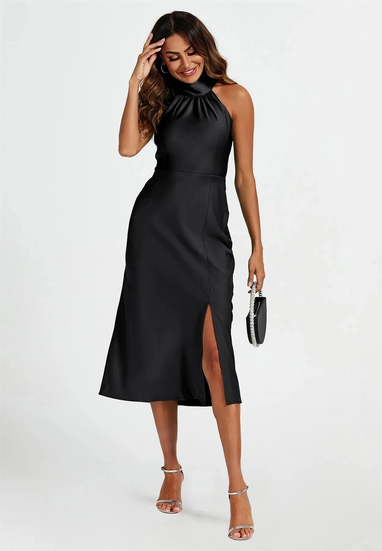 FS Collection Satin Halterneck Black Midi Dress