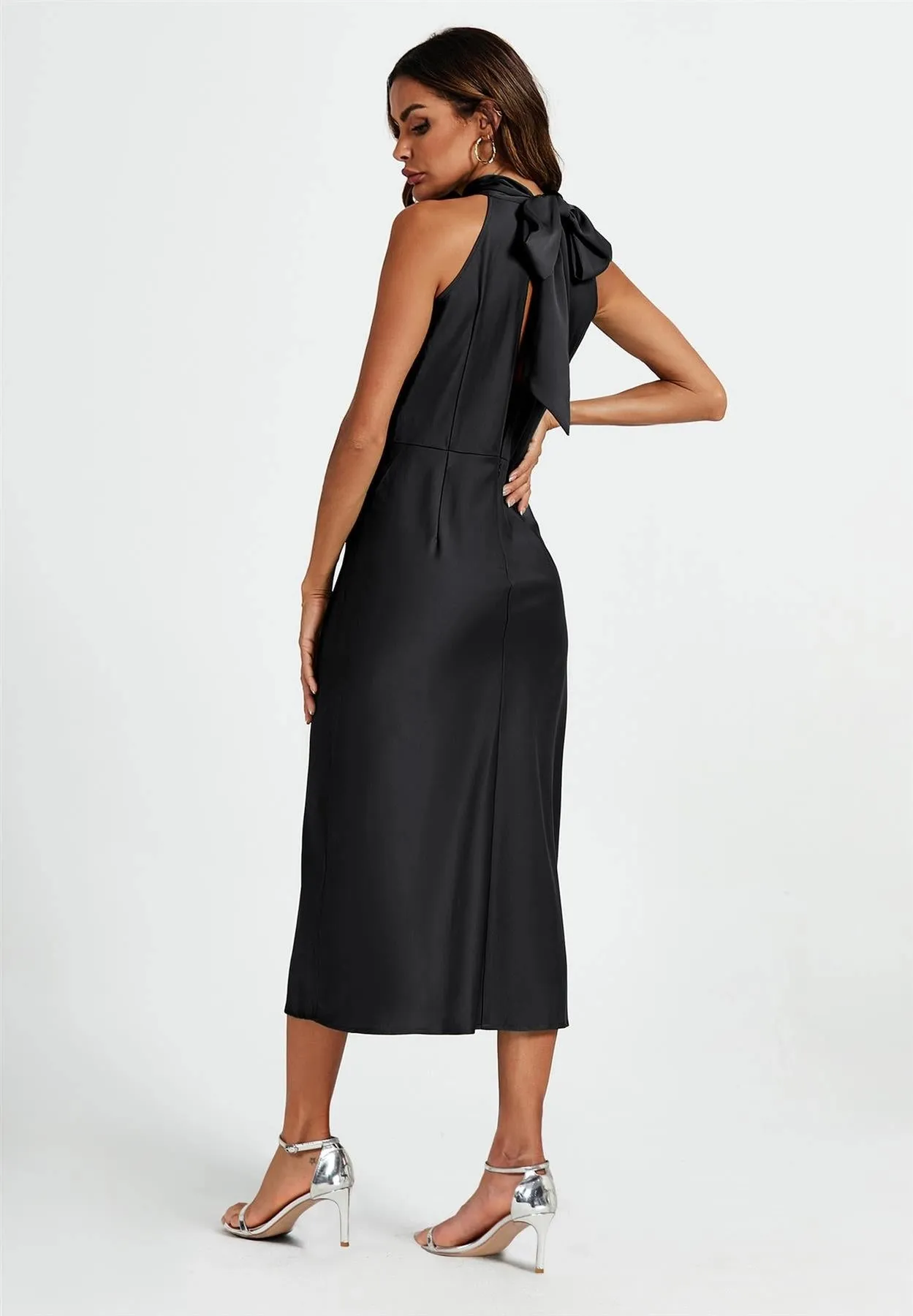 FS Collection Satin Halterneck Black Midi Dress