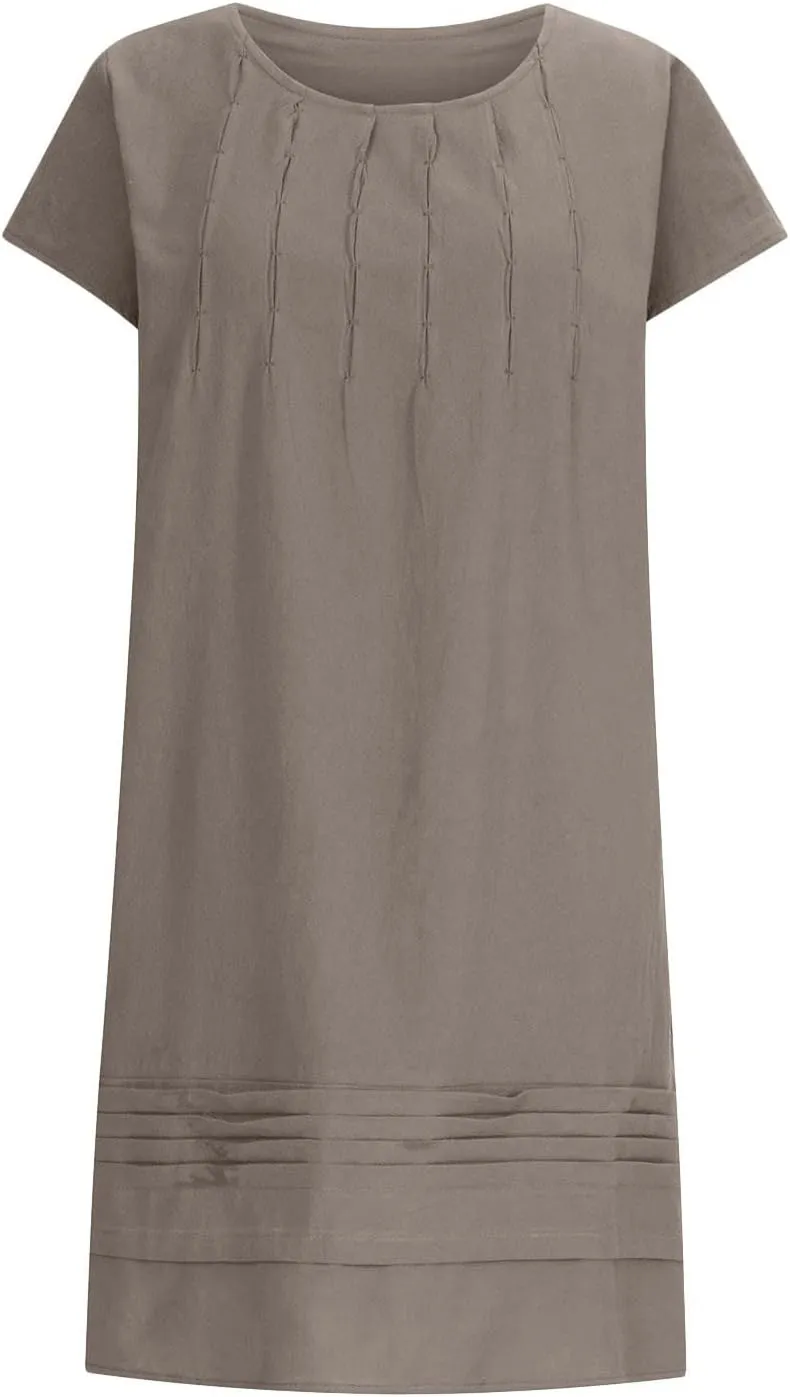 hlysgo Womens Casual Dresses 2025 Summer Loose Comfy Cotton Linen Pleated Dress Solid Short Sleeve Crew Neck Mini Dress