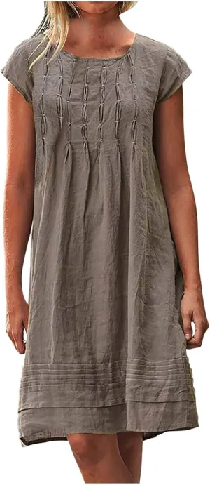 hlysgo Womens Casual Dresses 2025 Summer Loose Comfy Cotton Linen Pleated Dress Solid Short Sleeve Crew Neck Mini Dress