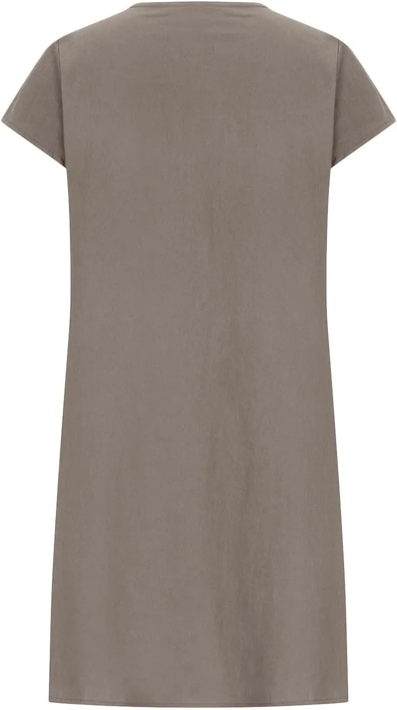 hlysgo Womens Casual Dresses 2025 Summer Loose Comfy Cotton Linen Pleated Dress Solid Short Sleeve Crew Neck Mini Dress