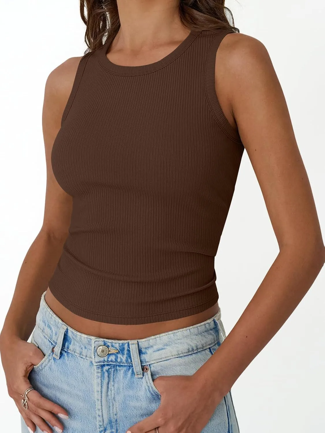 Trendy Queen Womens Tank Tops Summer Fashion 2025 Workout Ribbed Sleeveless High Neck Beach Vacation Oufits Clothes