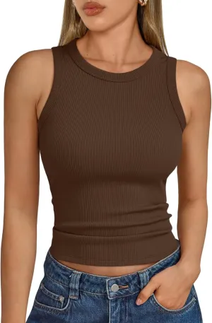 Trendy Queen Womens Tank Tops Summer Fashion 2025 Workout Ribbed Sleeveless High Neck Beach Vacation Oufits Clothes