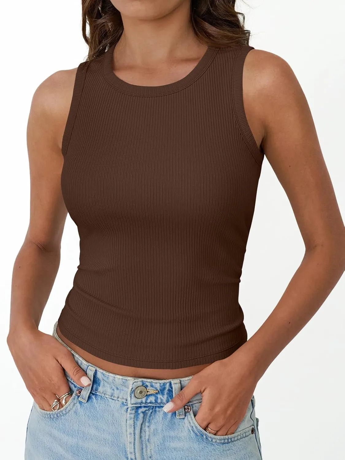 Trendy Queen Womens Tank Tops Summer Fashion 2025 Workout Ribbed Sleeveless High Neck Beach Vacation Oufits Clothes