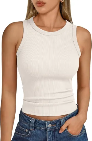 Trendy Queen Womens Tank Tops Summer Fashion 2025 Workout Ribbed Sleeveless High Neck Beach Vacation Oufits Clothes