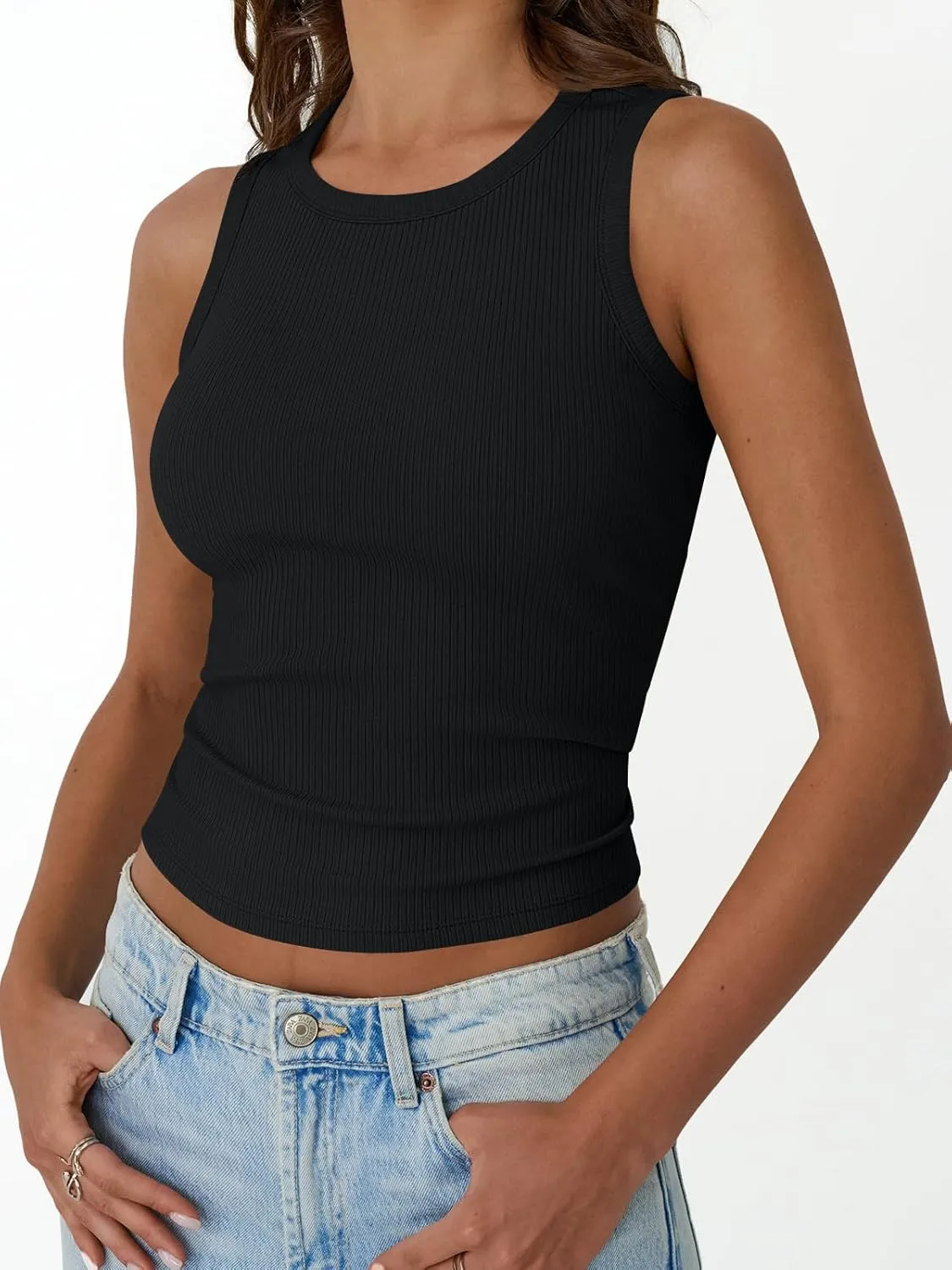 Trendy Queen Womens Tank Tops Summer Fashion 2025 Workout Ribbed Sleeveless High Neck Beach Vacation Oufits Clothes
