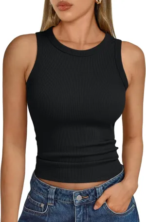 Trendy Queen Womens Tank Tops Summer Fashion 2025 Workout Ribbed Sleeveless High Neck Beach Vacation Oufits Clothes