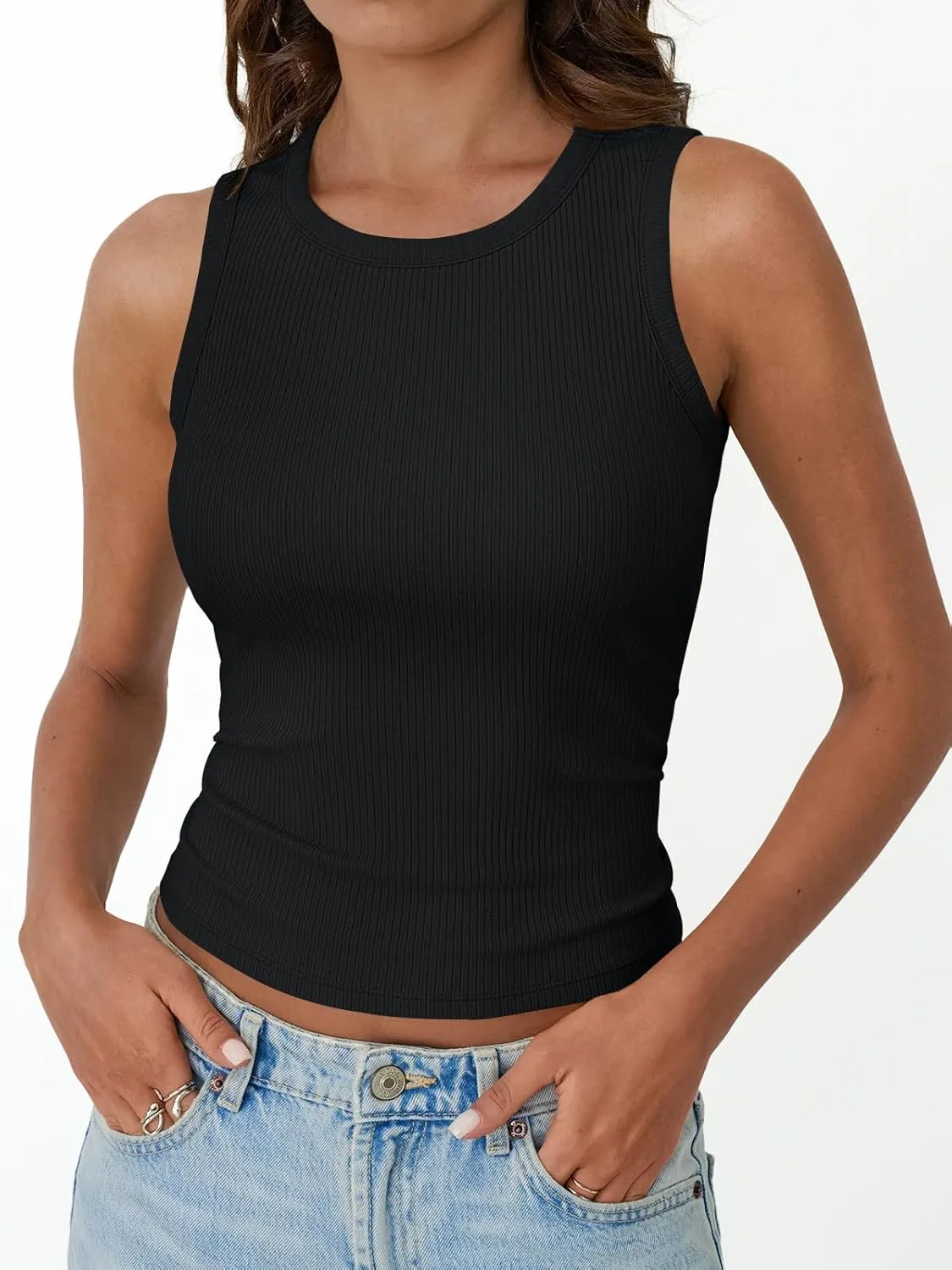 Trendy Queen Womens Tank Tops Summer Fashion 2025 Workout Ribbed Sleeveless High Neck Beach Vacation Oufits Clothes